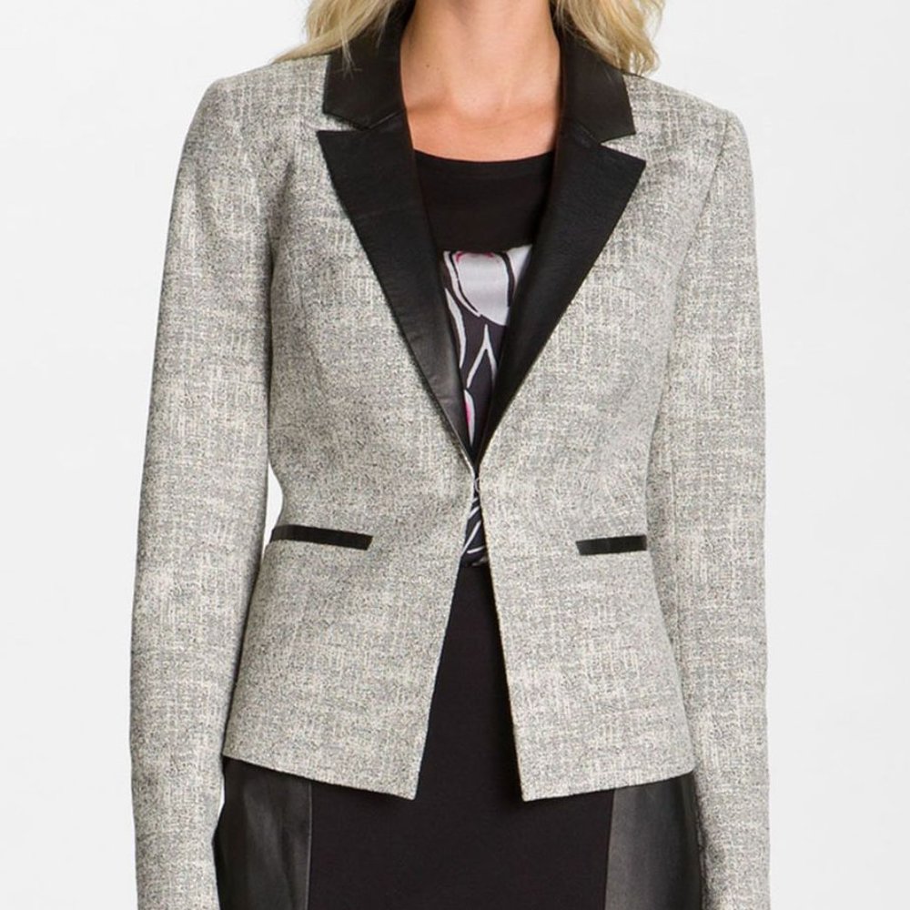 Classiques Entier Tweed Tuxedo Blazer Real Leather Trim Colorblock Small